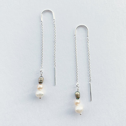 Green pearl silver ear threaders