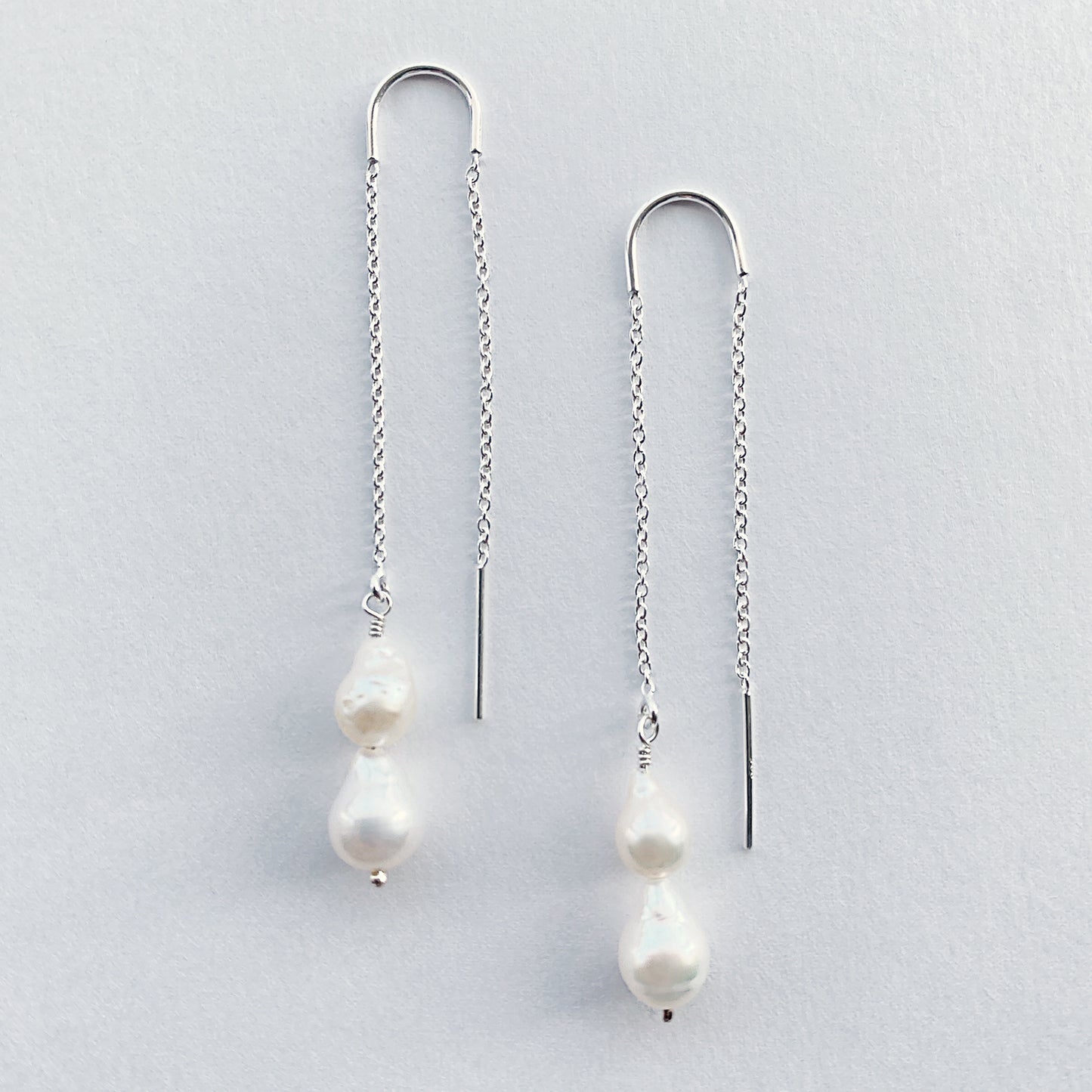 Double Dewdrop Pearl silver ear threader earrings