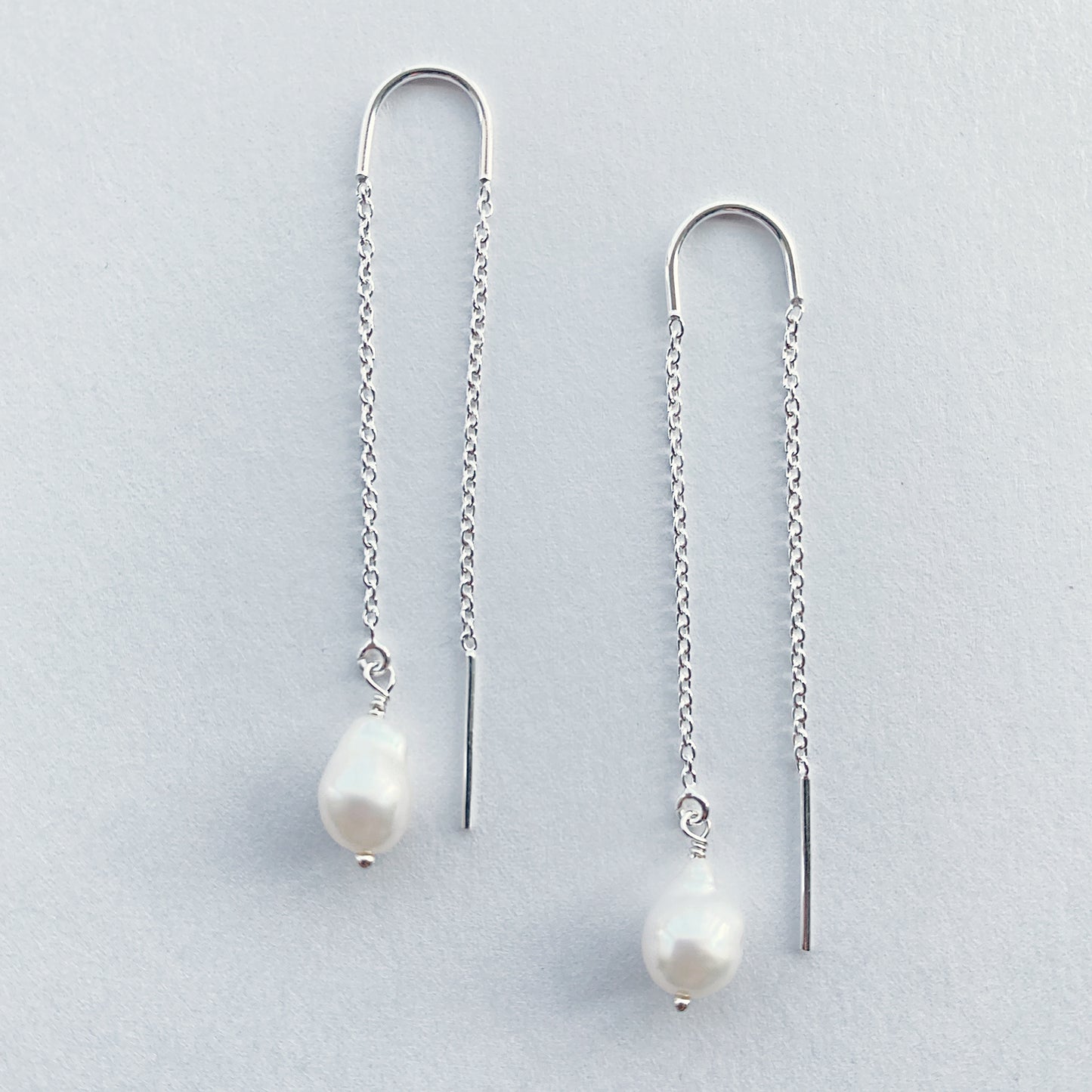 Single Dewdrop Pearl silver ear threader earrings