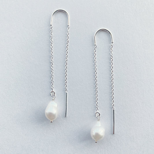 Single Dewdrop Pearl silver ear threader earrings