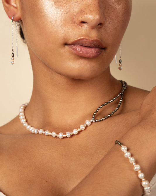 Infinity Oasis - Green and ivory pearl asymmetrical necklace