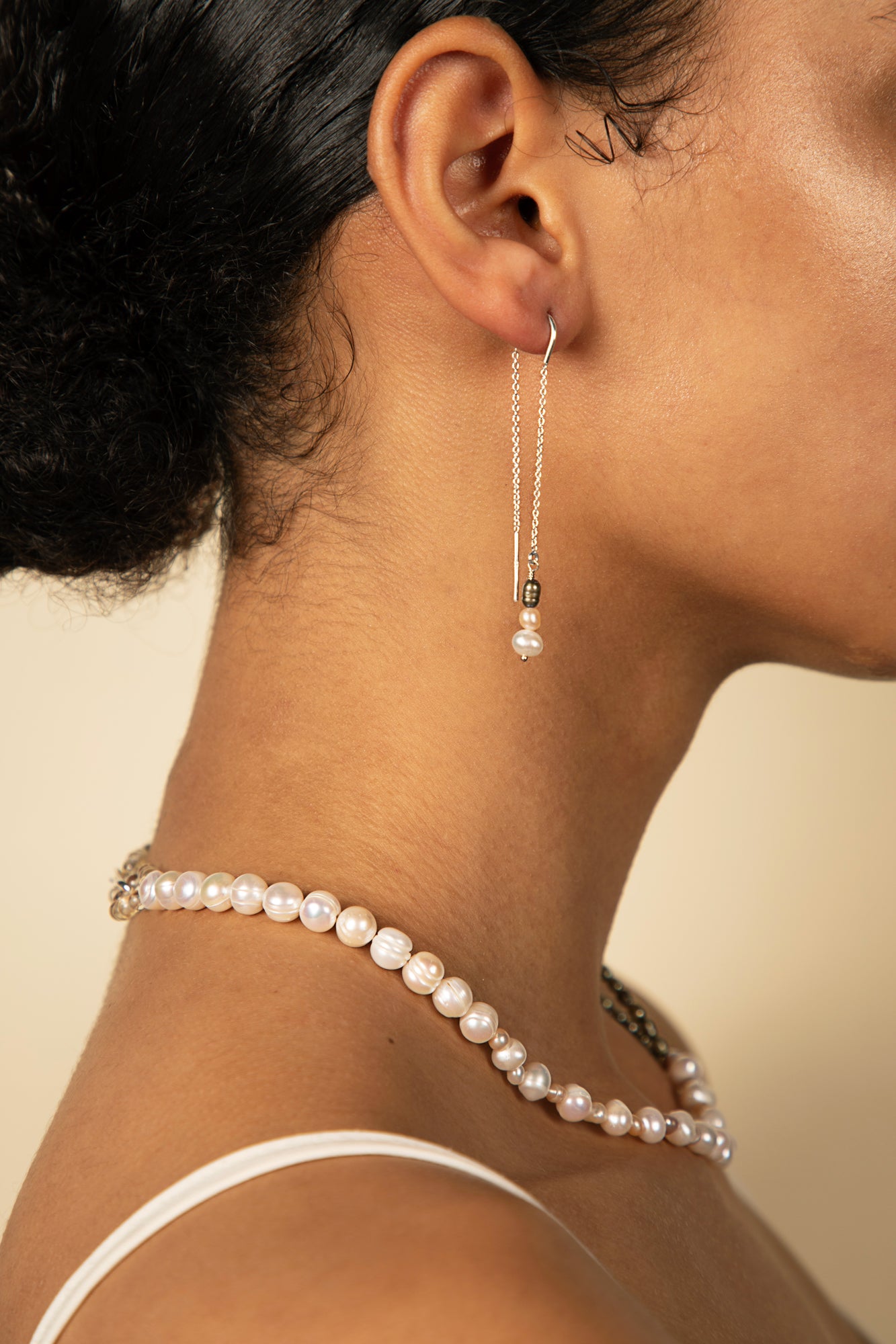 Green pearl silver ear threaders