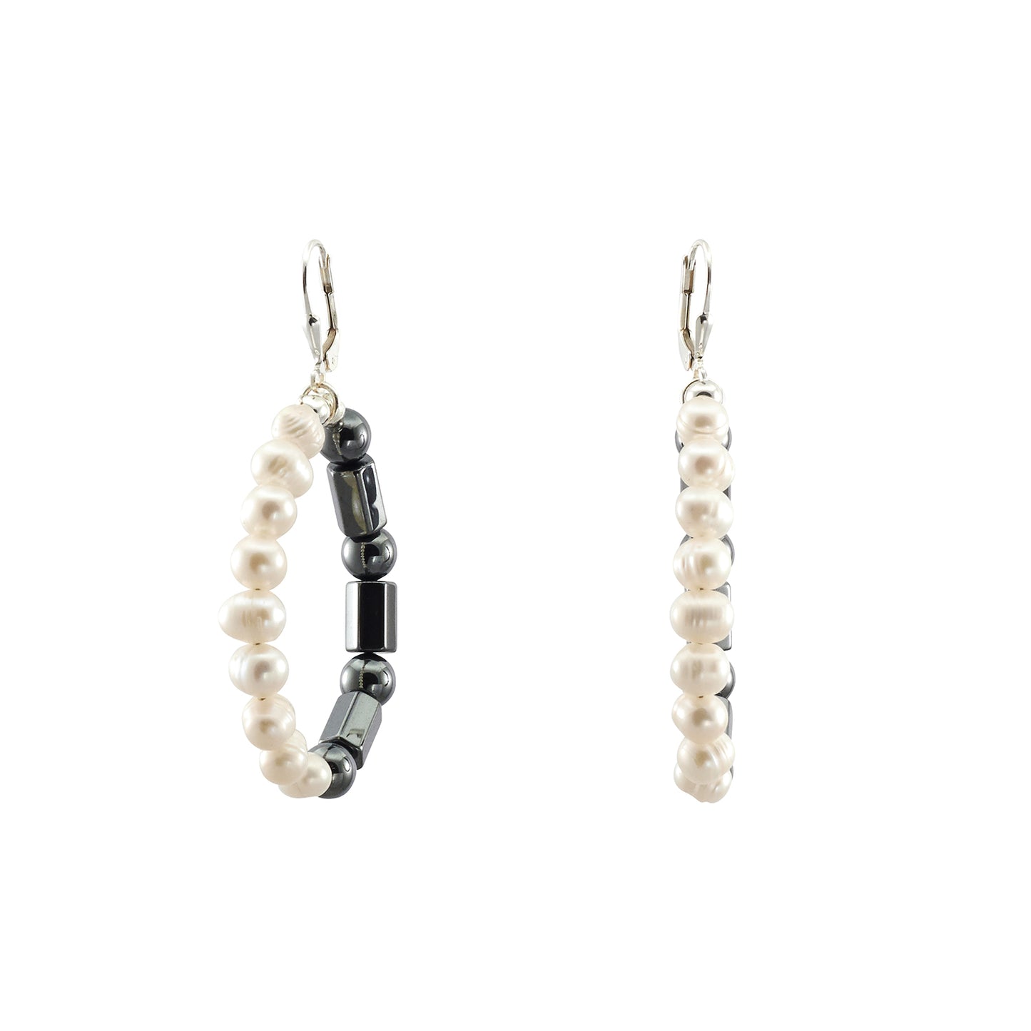 Large Hoop Earrings with Freshwater Pearls and Hematine