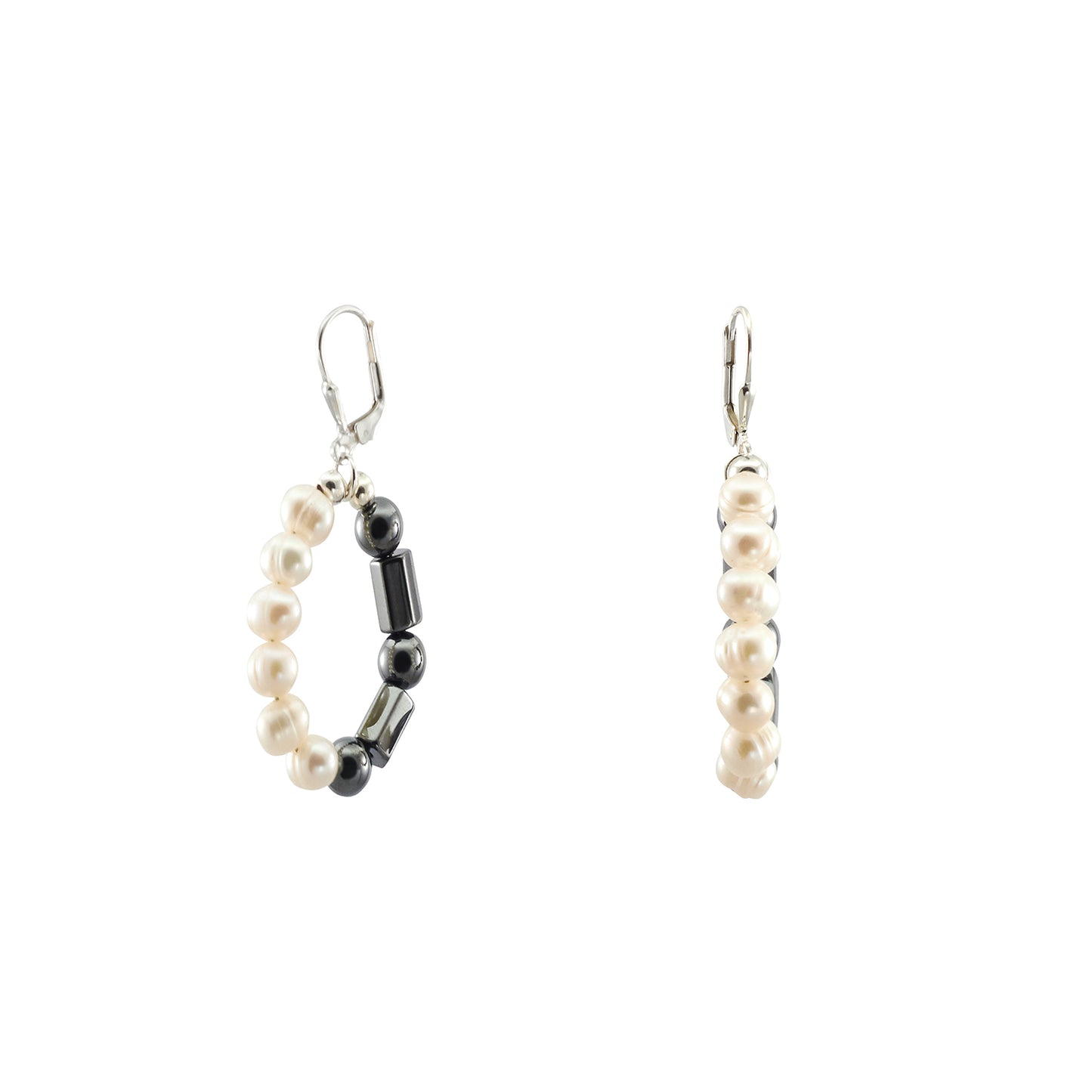 Medium Hoop Earrings with Freshwater Pearls and Hematine