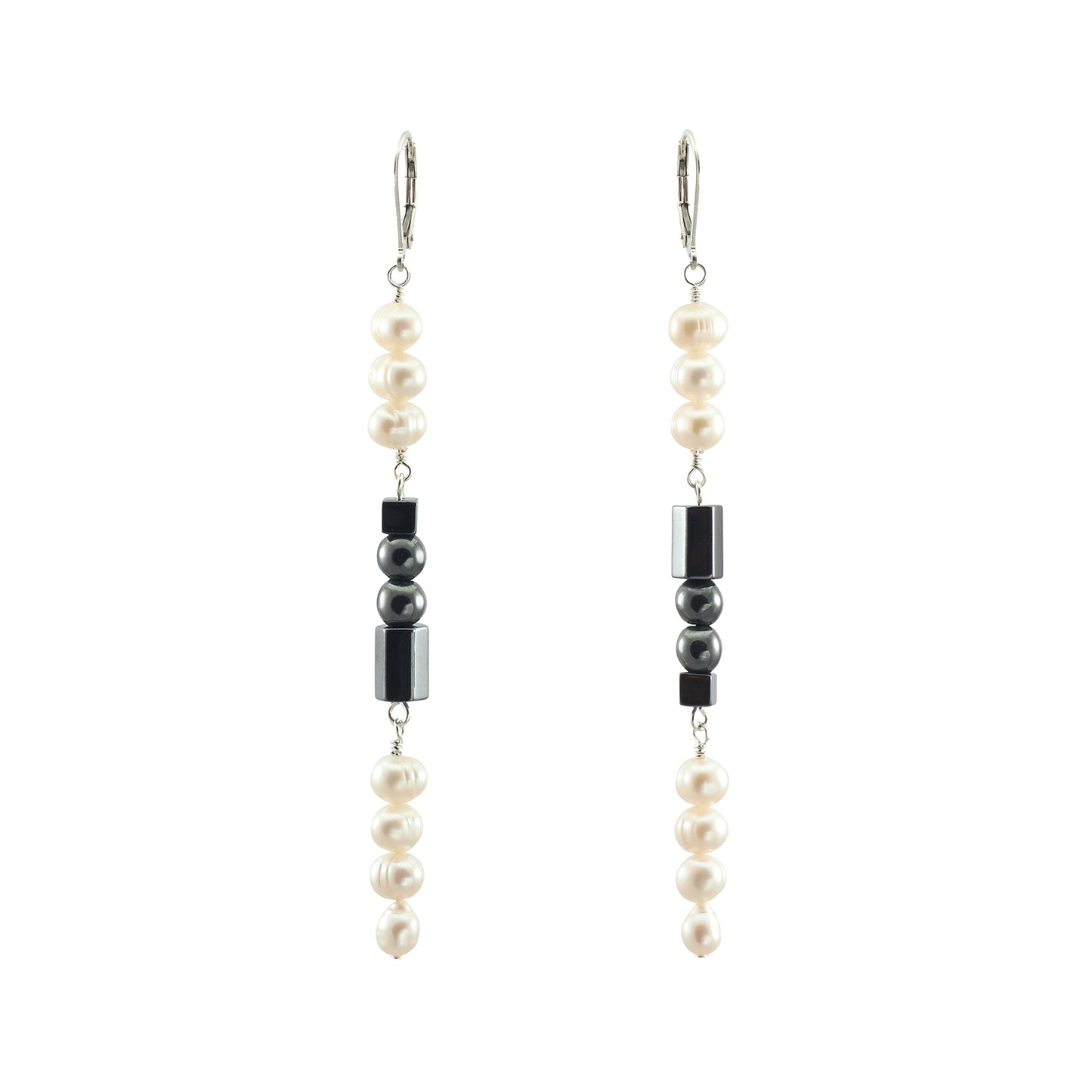 Long Droplet Earrings with Freshwater Pearls and Hematine