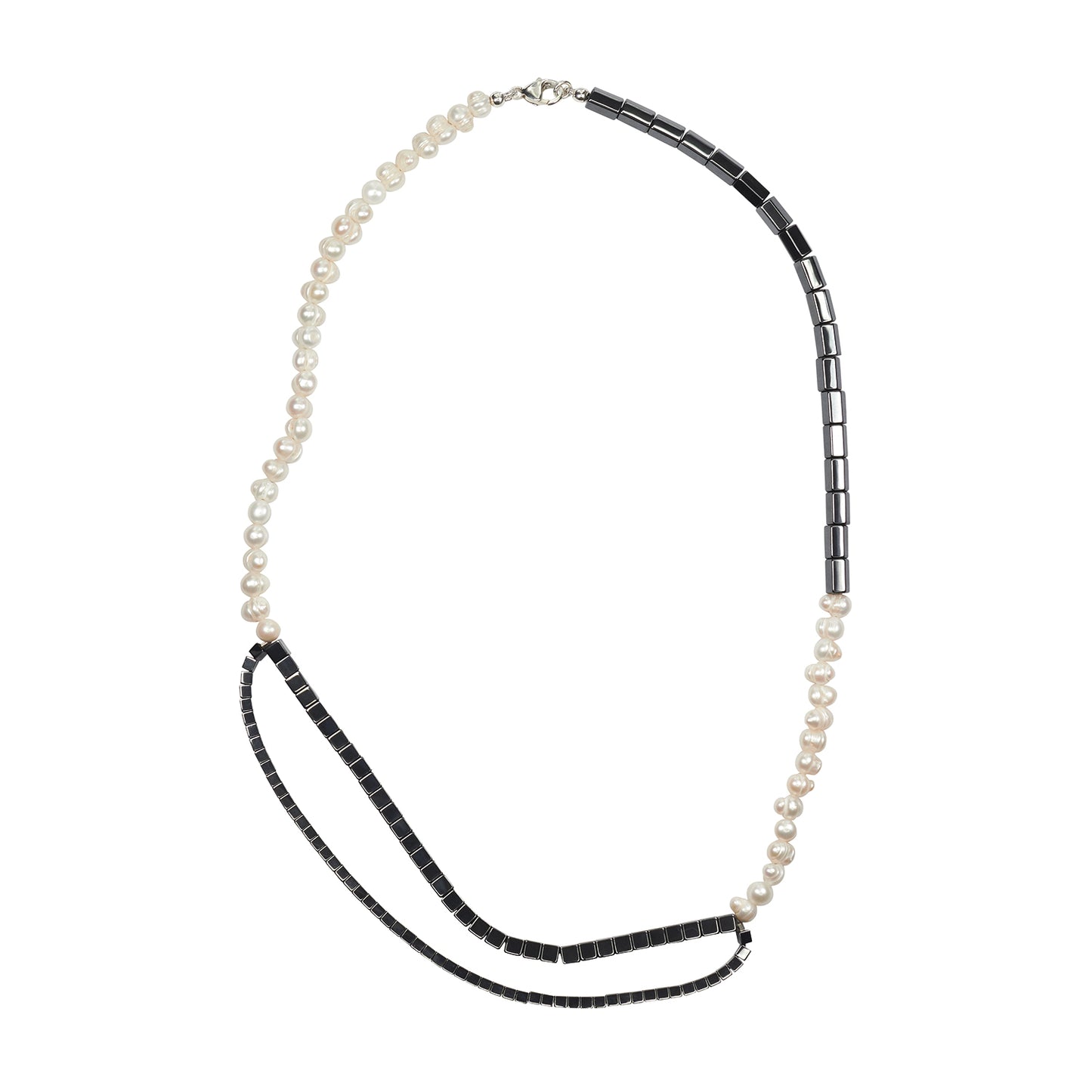 Long Loop Necklace with Freshwater Pearls and Hematine