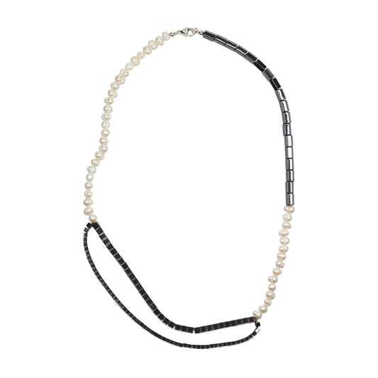 Long Loop Necklace with Freshwater Pearls and Hematine