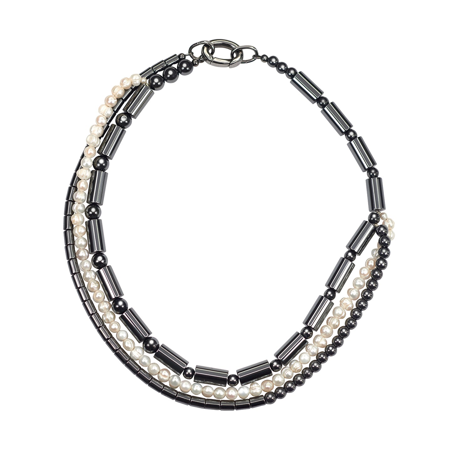 Reloop Multi-stranded Chunky Necklace with Freshwater Pearls and Hematine - ONE-OF-A-KIND