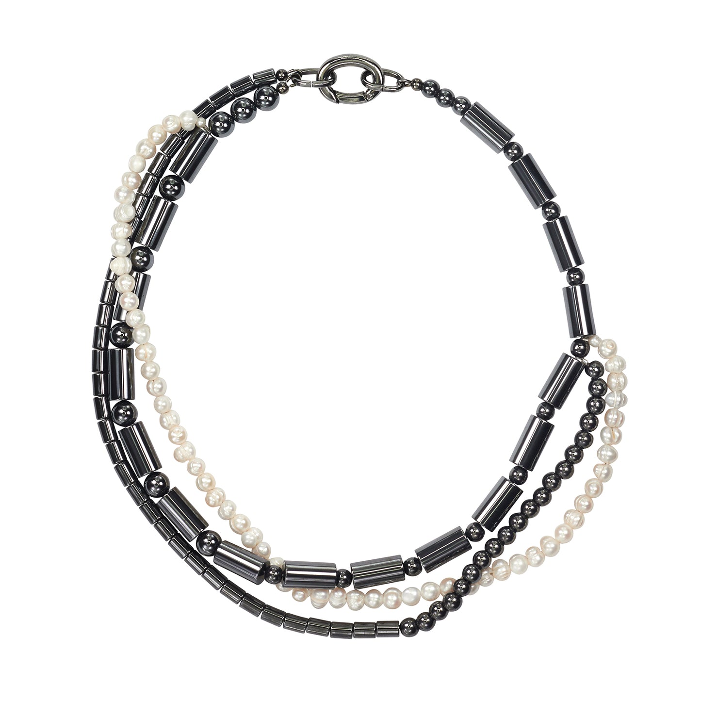 Reloop Multi-stranded Chunky Necklace with Freshwater Pearls and Hematine - ONE-OF-A-KIND