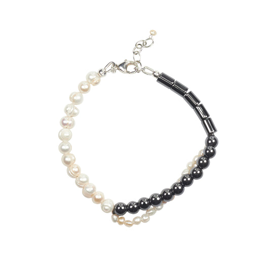 Infinity Bracelet with Freshwater Pearls and Hematine