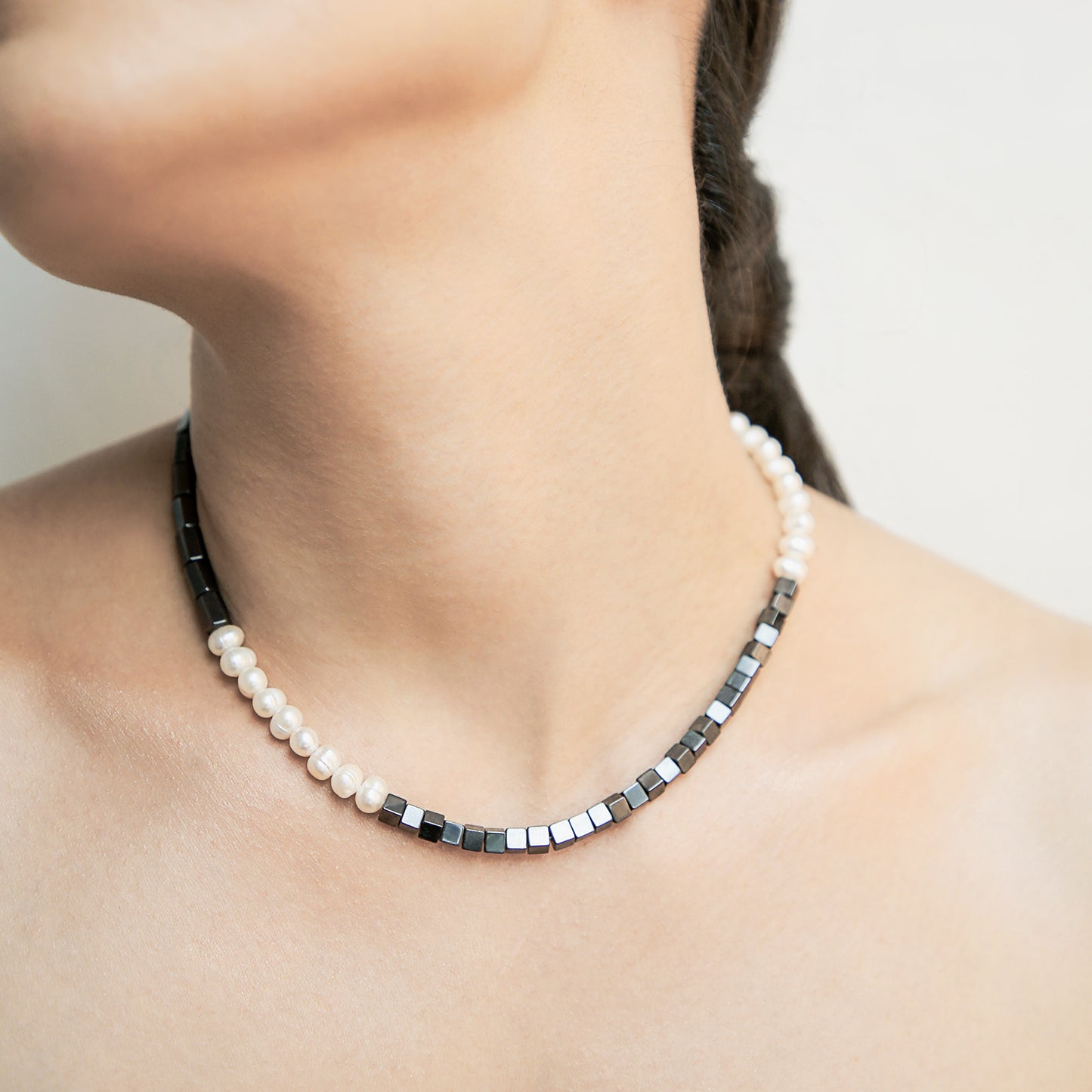 Quadrant Necklace with Freshwater Pearls and Hematine