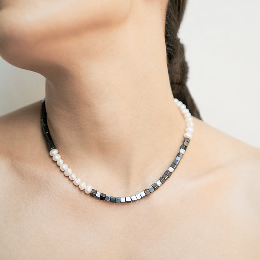 Quadrant Necklace with Freshwater Pearls and Hematine