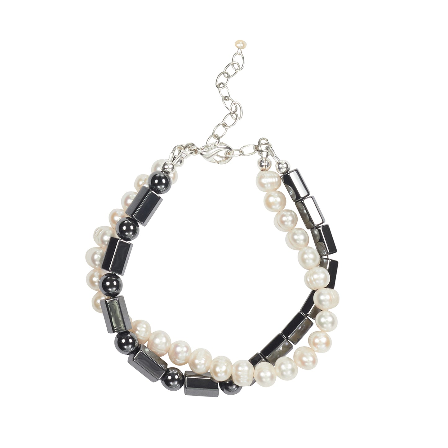 Double Strand Twist Bracelet with Freshwater Pearls and Hematine