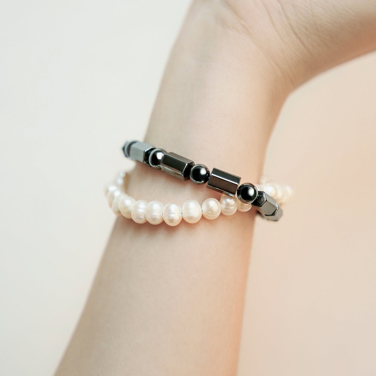 Double Strand Twist Bracelet with Freshwater Pearls and Hematine
