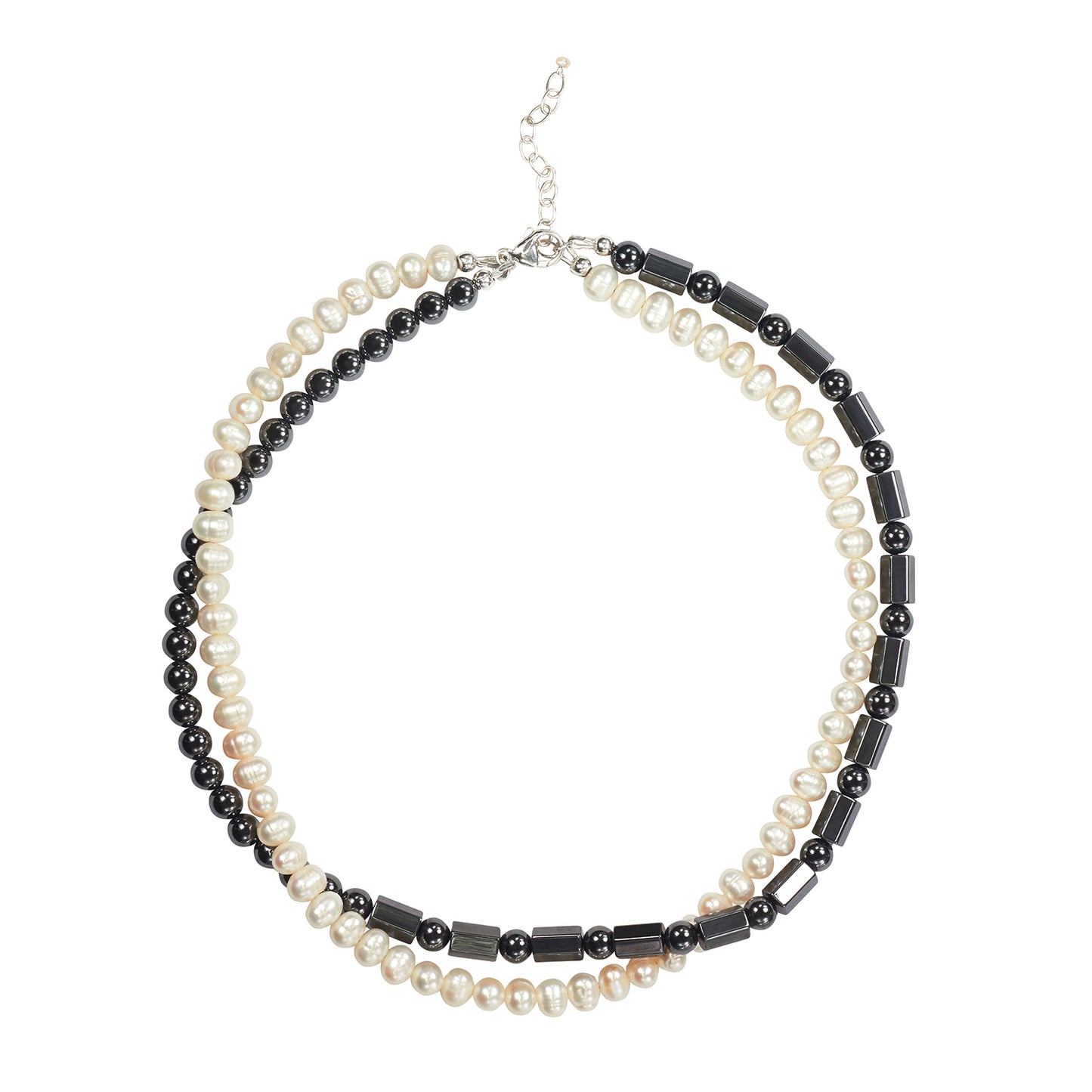 Double Strand Twist Necklace with Freshwater Pearls and Hematine
