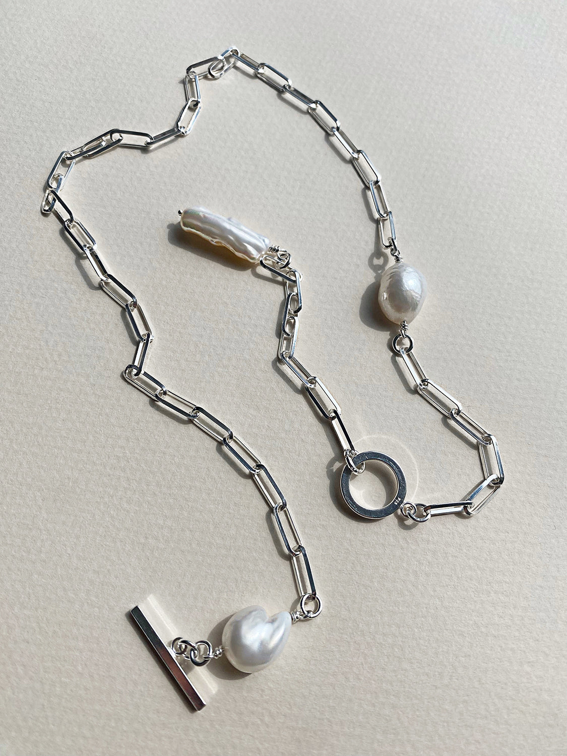 Livorno Lariat paperclip necklace with freshwater pearls