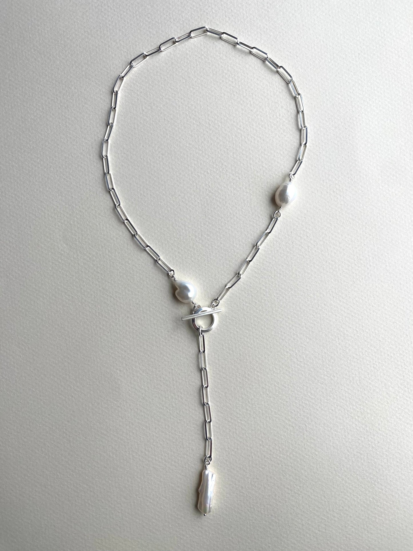 Livorno Lariat paperclip necklace with freshwater pearls