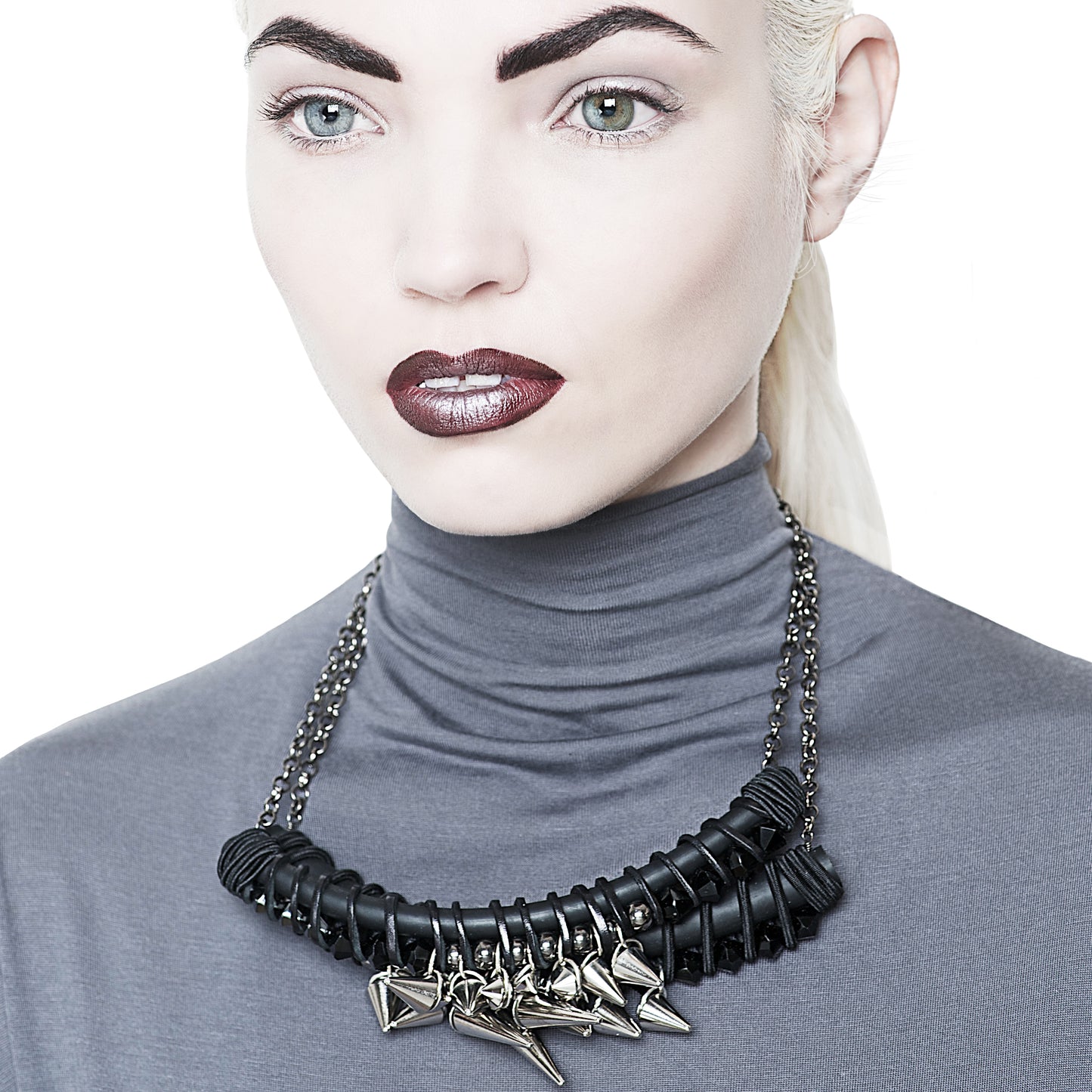 BLACK LEATHER TWIST necklace with stainless steel studs