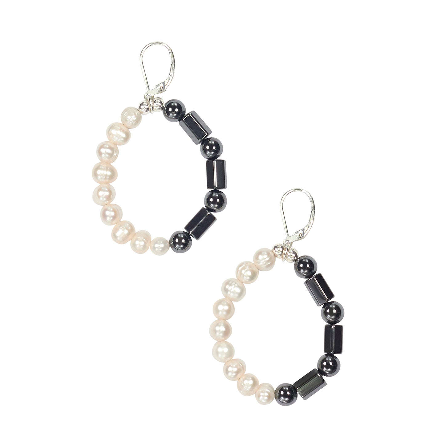 Large Hoop Earrings with Freshwater Pearls and Hematine