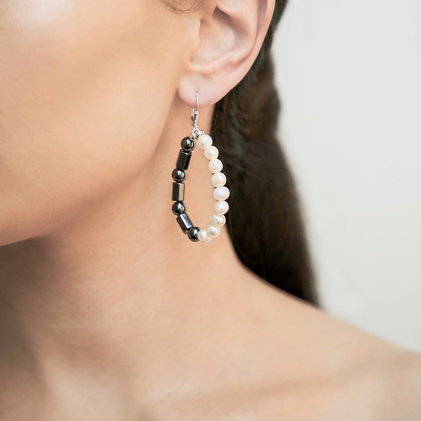 Large Hoop Earrings with Freshwater Pearls and Hematine