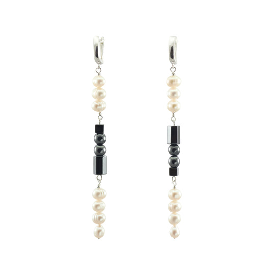 Long Droplet Earrings with Freshwater Pearls and Hematine