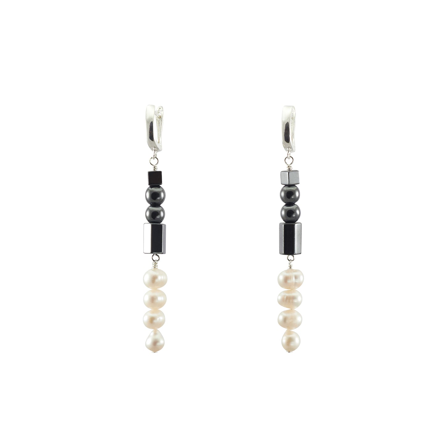 Mid-length Droplet Earrings with Freshwater Pearls and Hematine