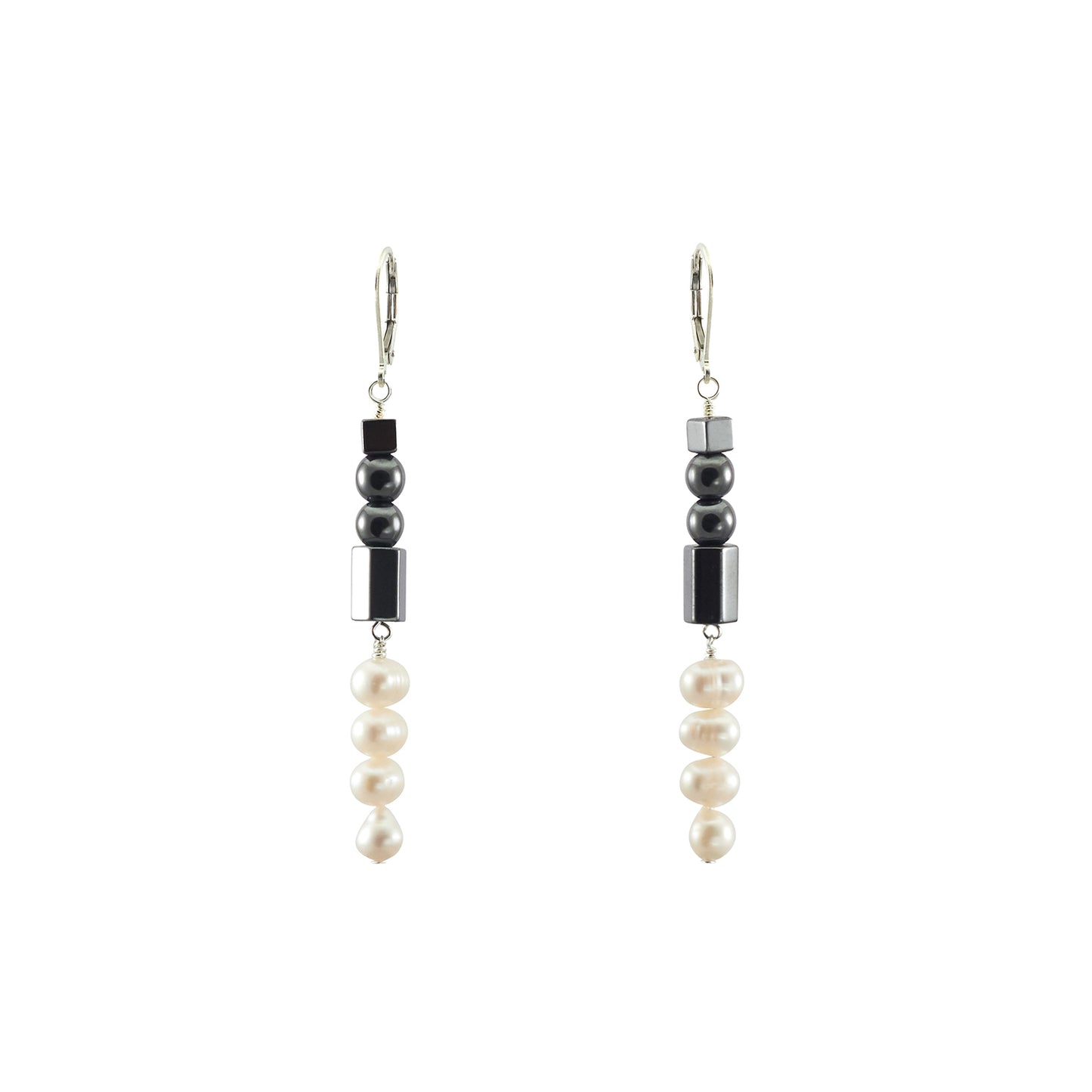 Mid-length Droplet Earrings with Freshwater Pearls and Hematine