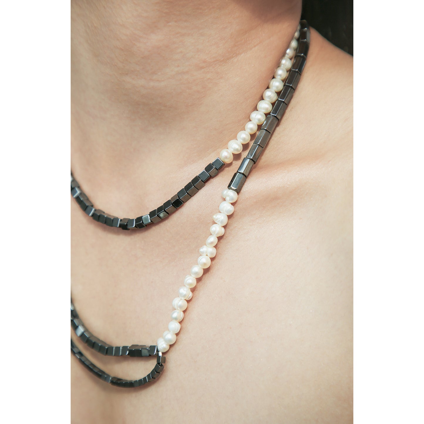 Quadrant Necklace with Freshwater Pearls and Hematine