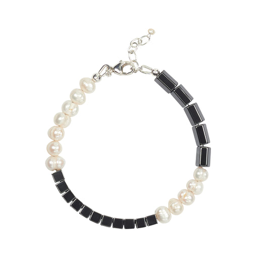 Quadrant Bracelet with Freshwater Pearls and Hematine